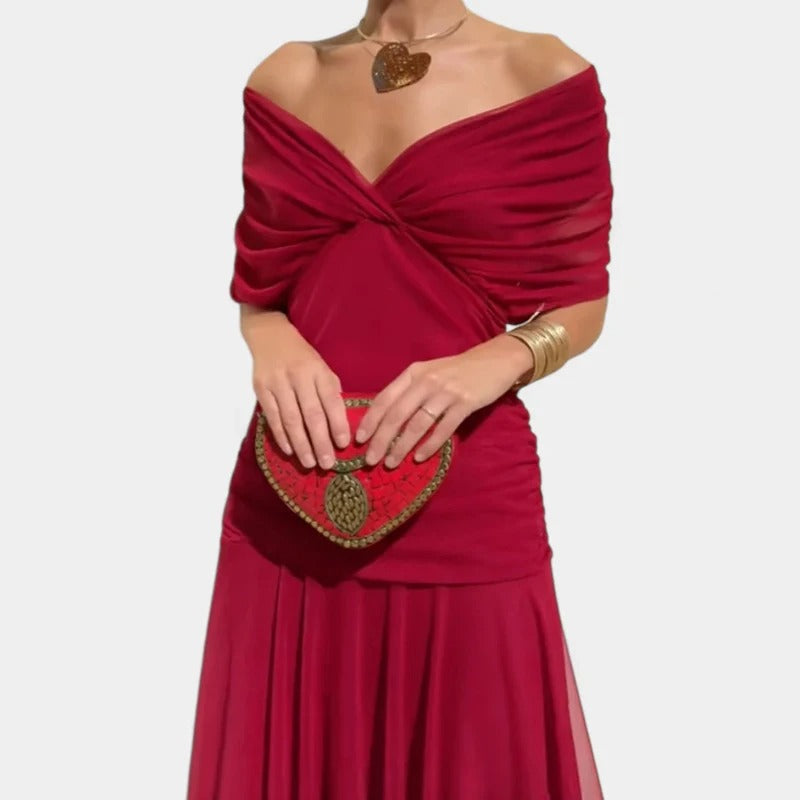 Madison | Robe Midi en Chiffon à Épaules Dégagées avec Détails Froncés