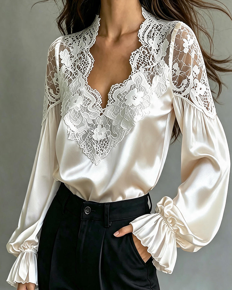 Blouse Col En V Volant Dentelle Découpe