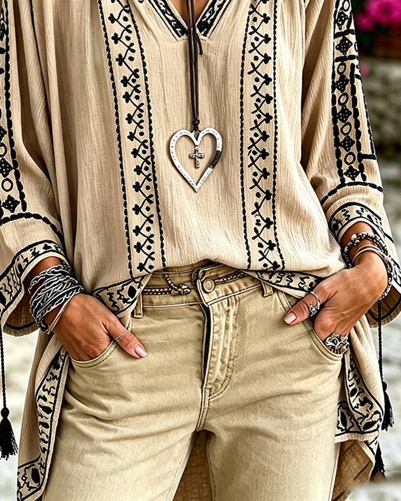 Blouse Col En V Ethnique Manches Mi-Longues Décontractée