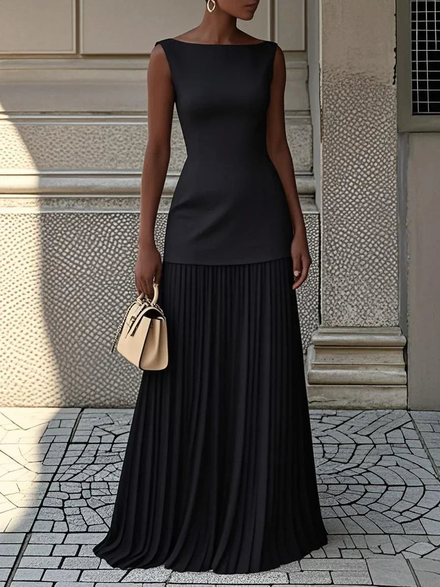 Robe maxi sans manches pour femmes avec jupe plissée