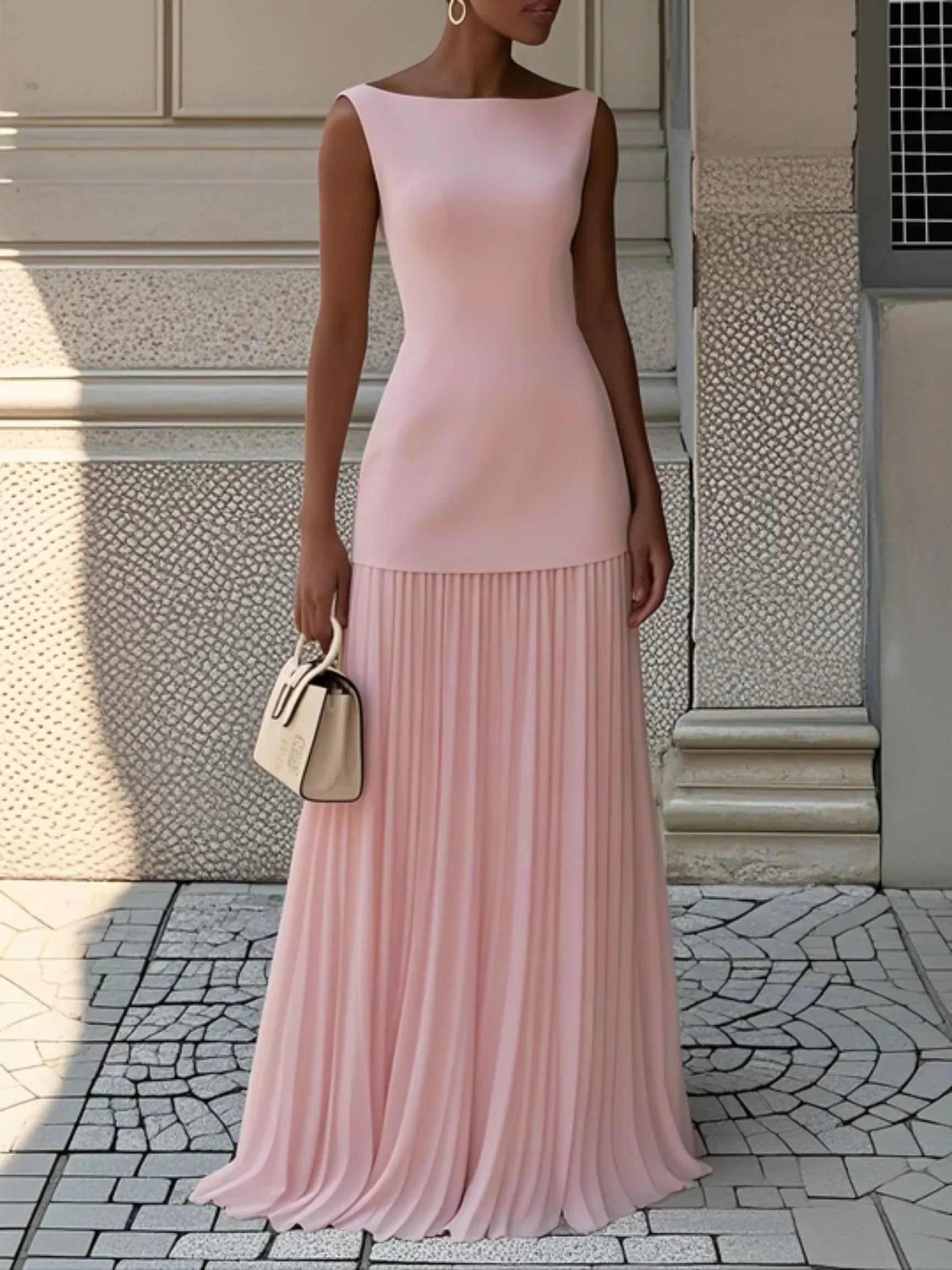 Robe maxi sans manches pour femmes avec jupe plissée
