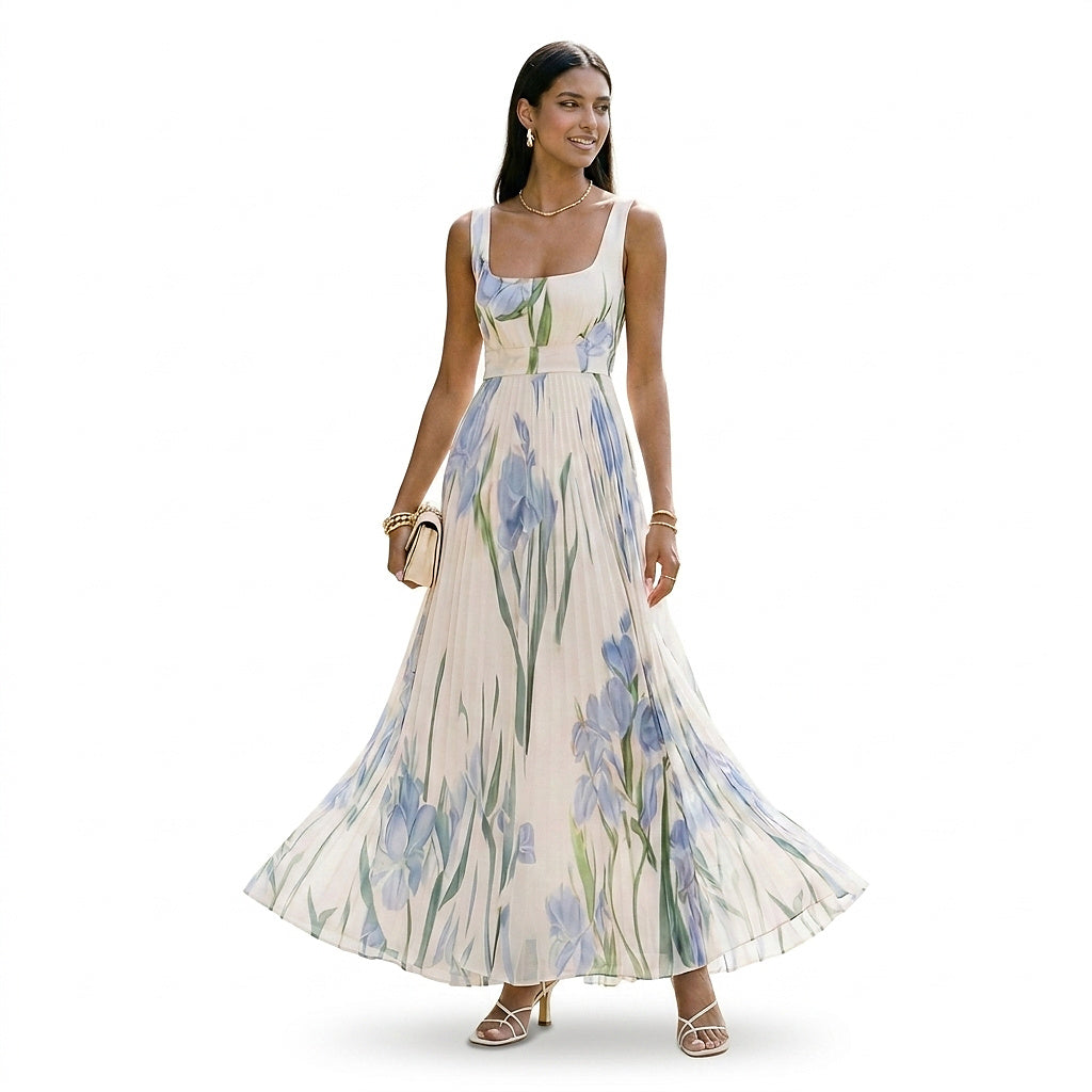 Robe maxi sans manches avec motif floral et plis pour femmes