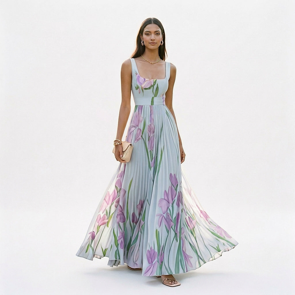 Robe maxi sans manches avec motif floral et plis pour femmes
