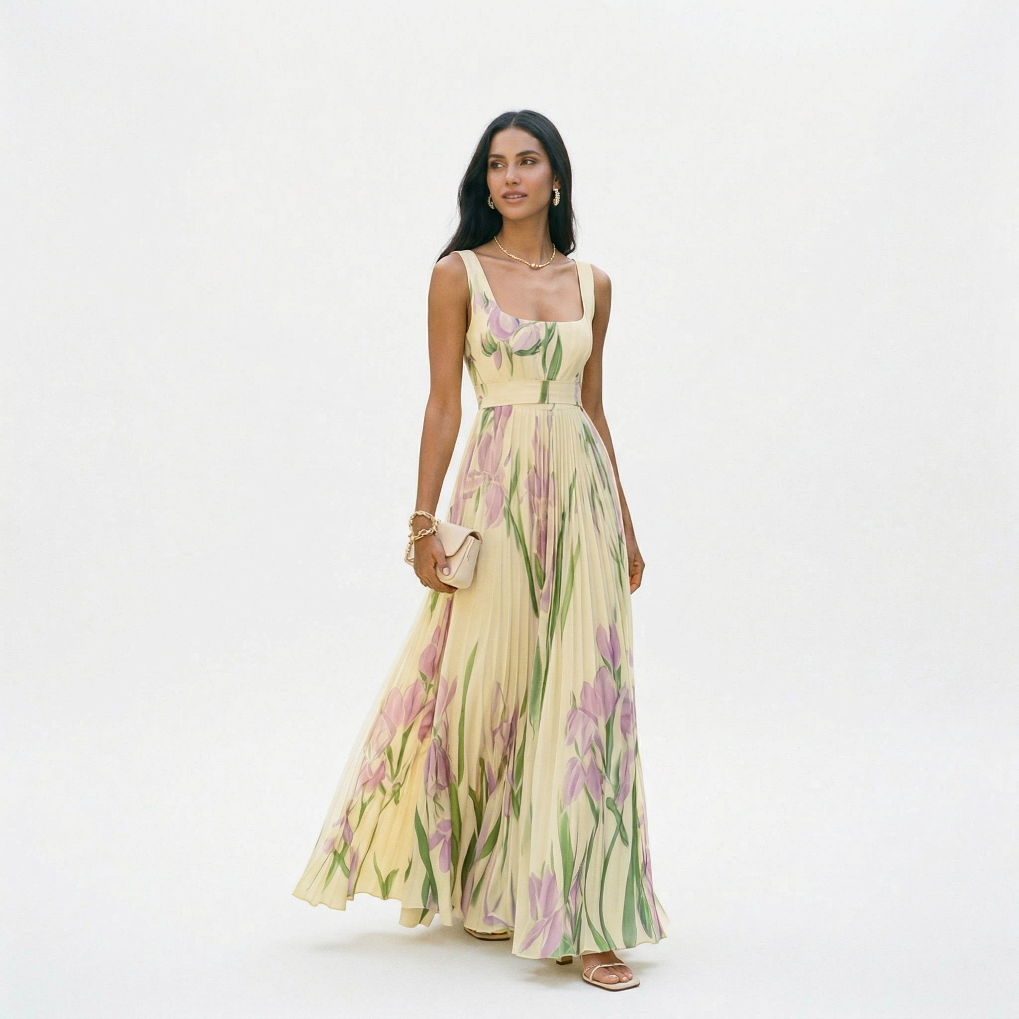 Robe maxi sans manches avec motif floral et plis pour femmes