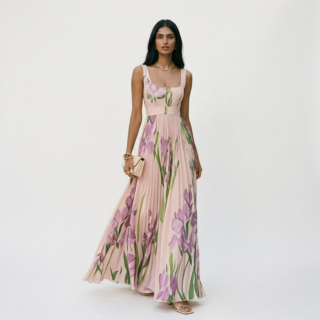 Robe maxi sans manches avec motif floral et plis pour femmes