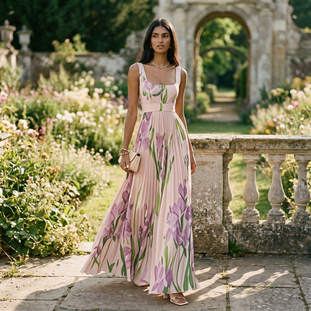 Robe maxi sans manches avec motif floral et plis pour femmes
