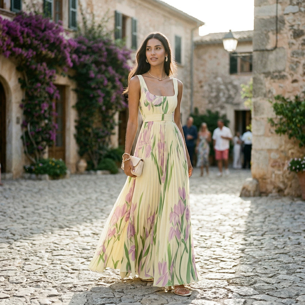 Robe maxi sans manches avec motif floral et plis pour femmes