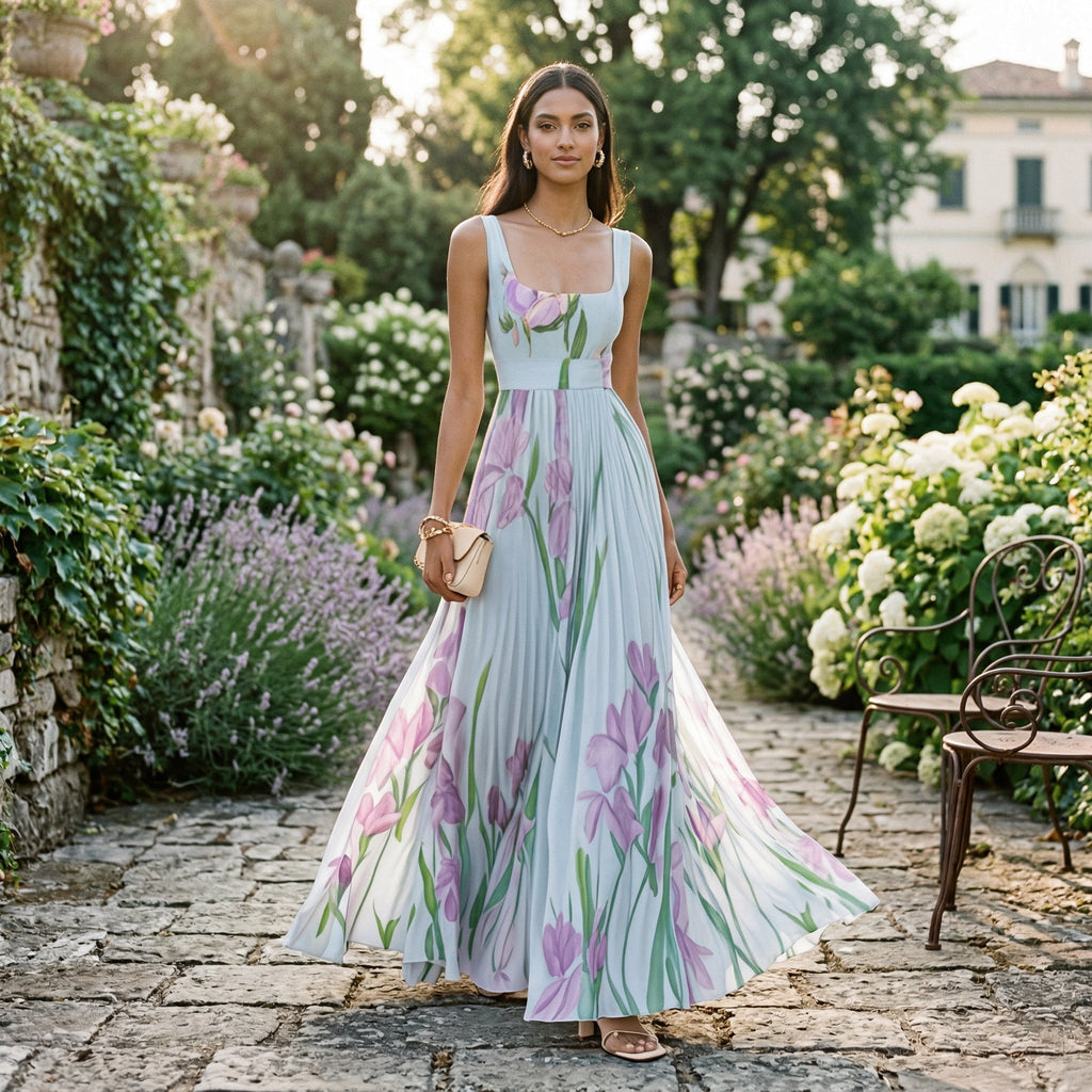 Robe maxi sans manches avec motif floral et plis pour femmes