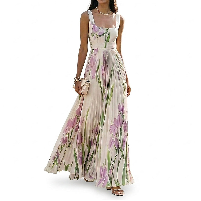Robe maxi sans manches avec motif floral et plis pour femmes