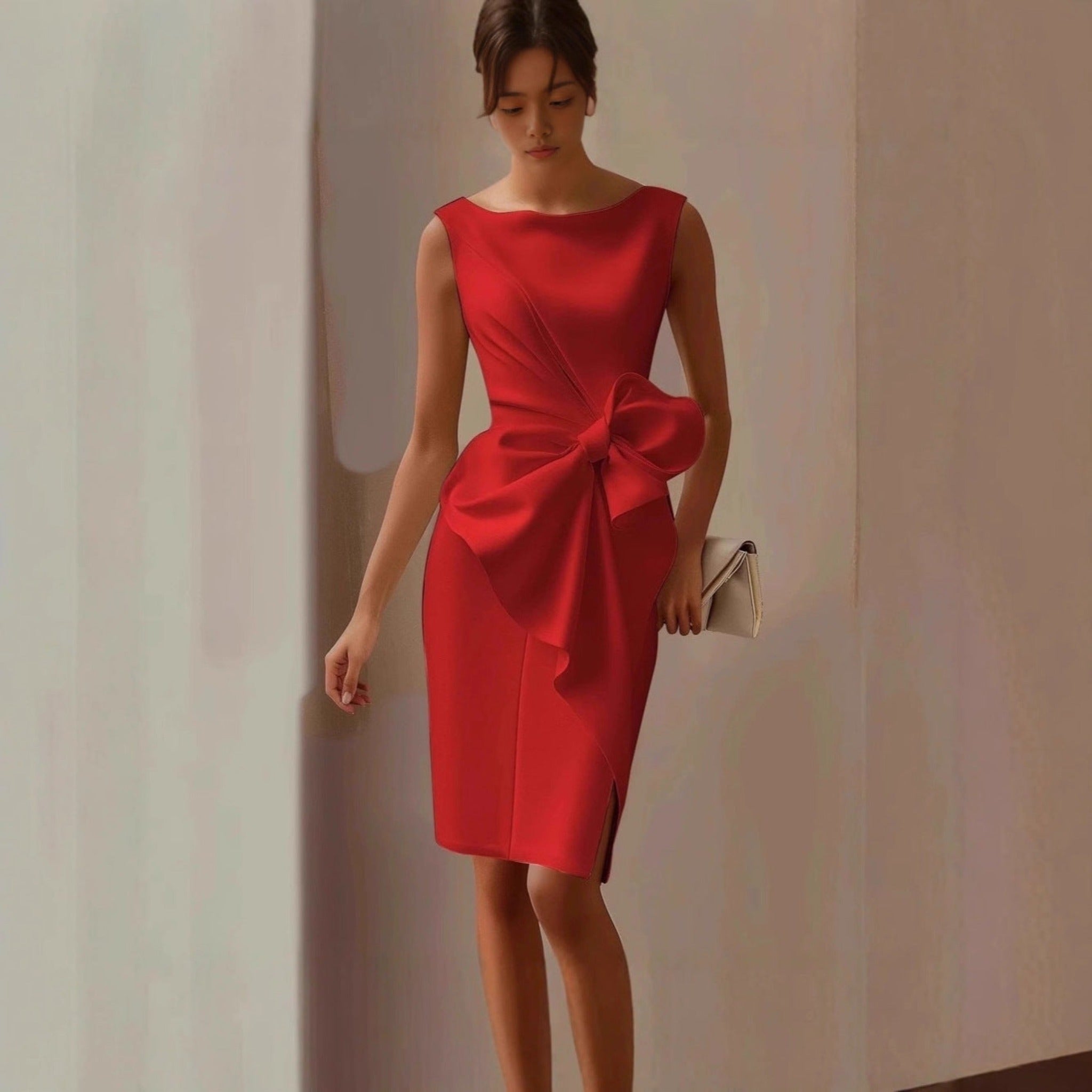 Robe midi sans manches pour femmes avec détail en nœud