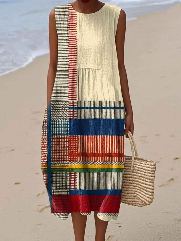 Robe midi sans manches pour femmes avec imprimé géométrique