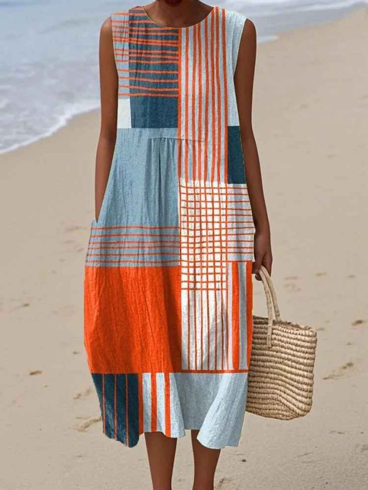 Robe midi sans manches pour femmes avec imprimé géométrique