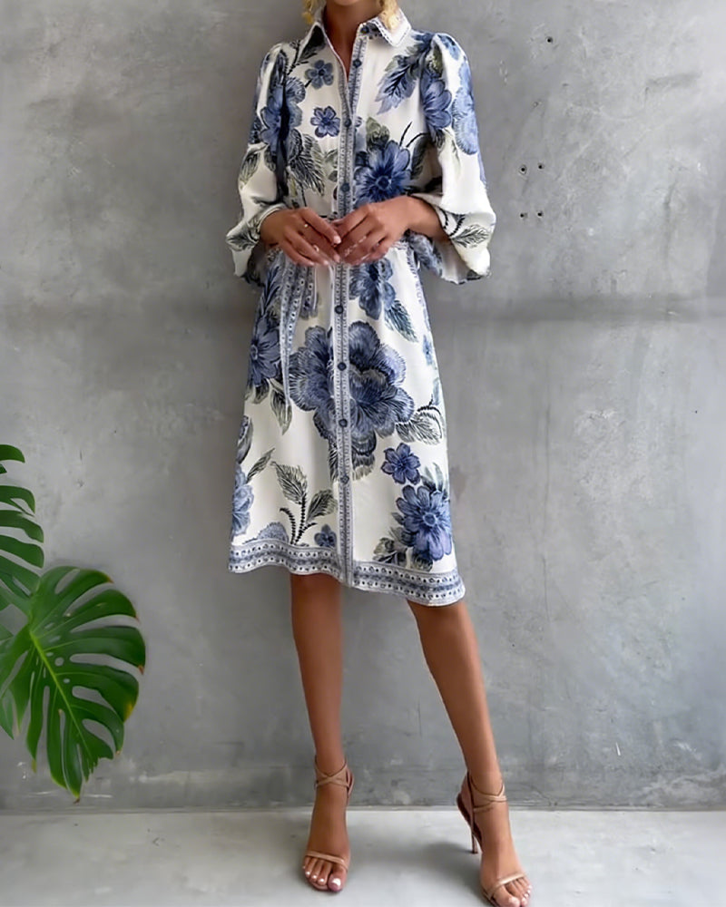 Robe imprimée à col notch et manches en lanterne