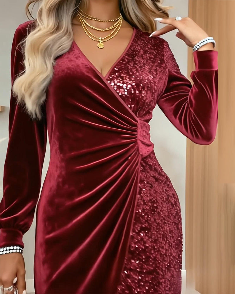 Robe en Velours à Paillettes avec Décolleté en V Sexy
