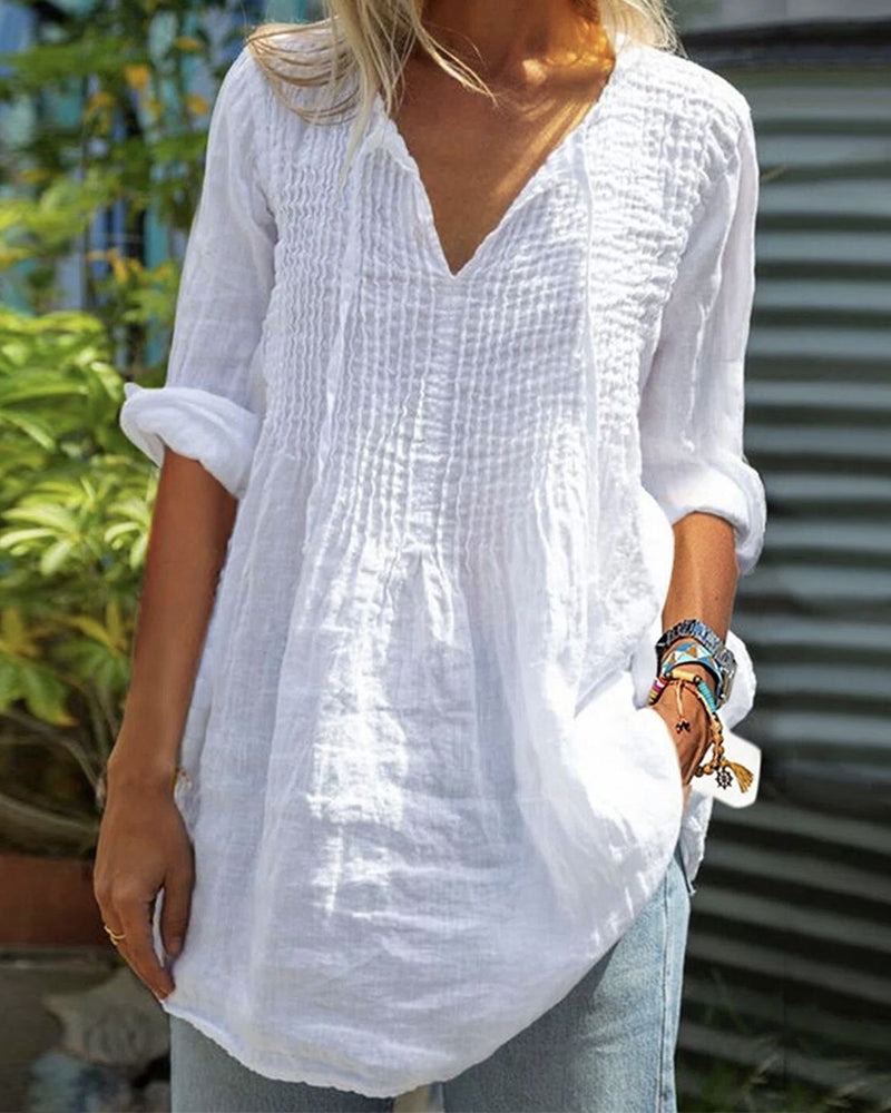 Blouse Col En V Cordon De Serrage Unie