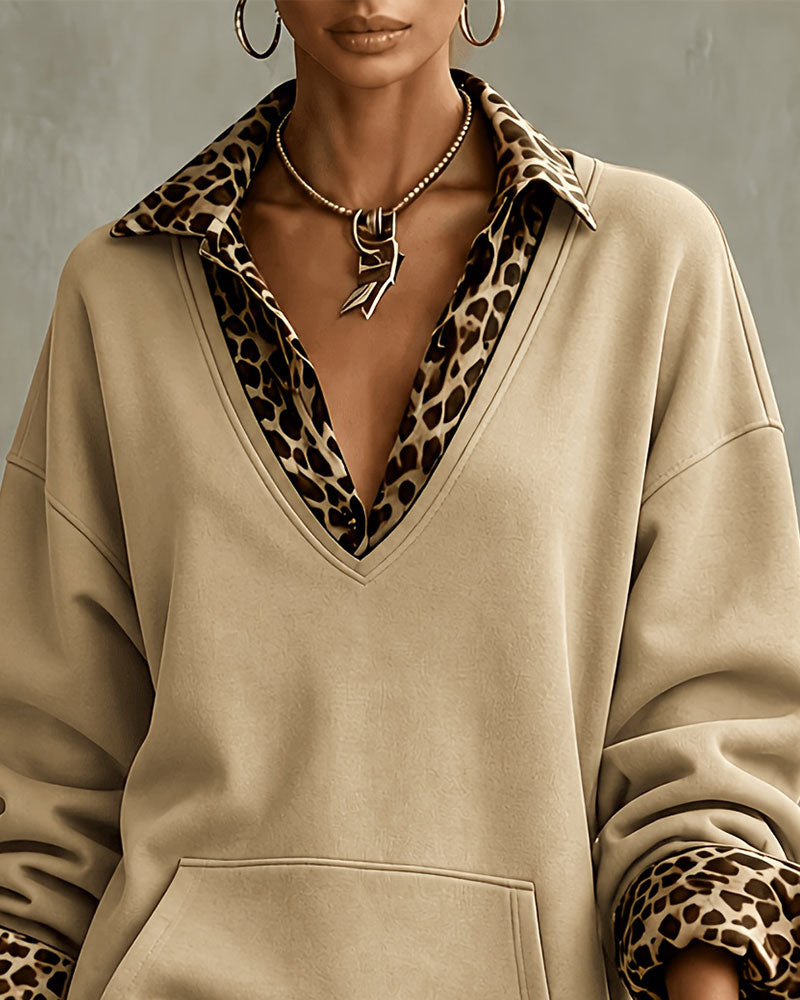 Robe sweatshirt col en V imprimé léopard pour femmes