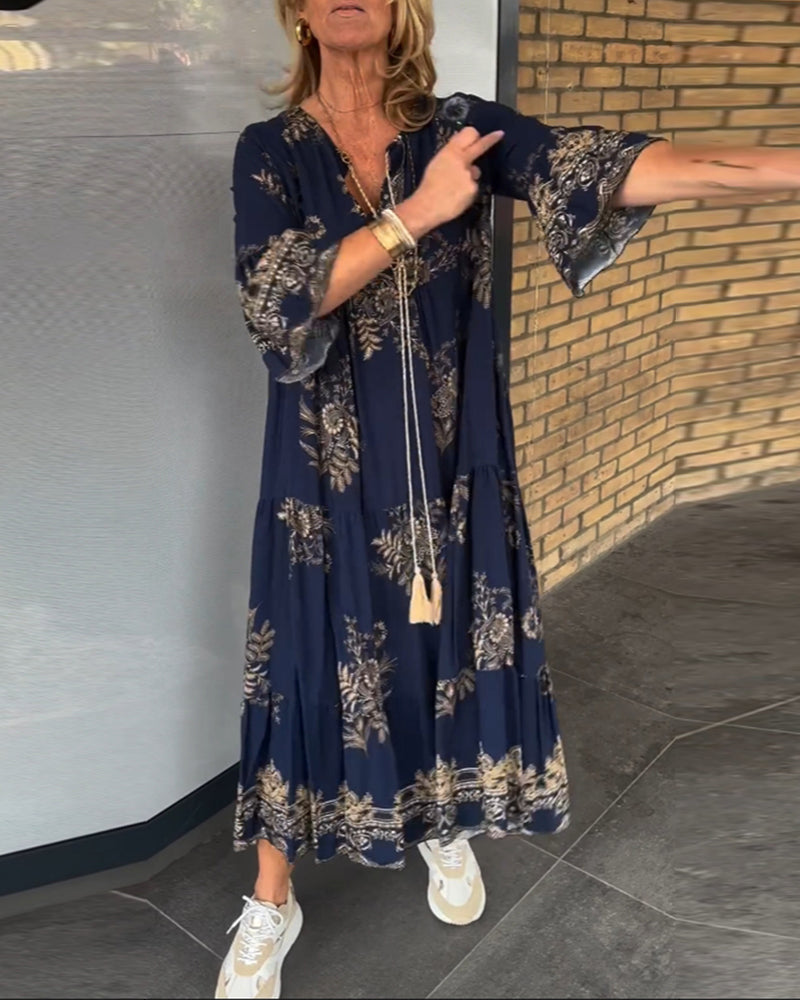 Rose™ – Robe Midi à Col V Vintage Lockerer