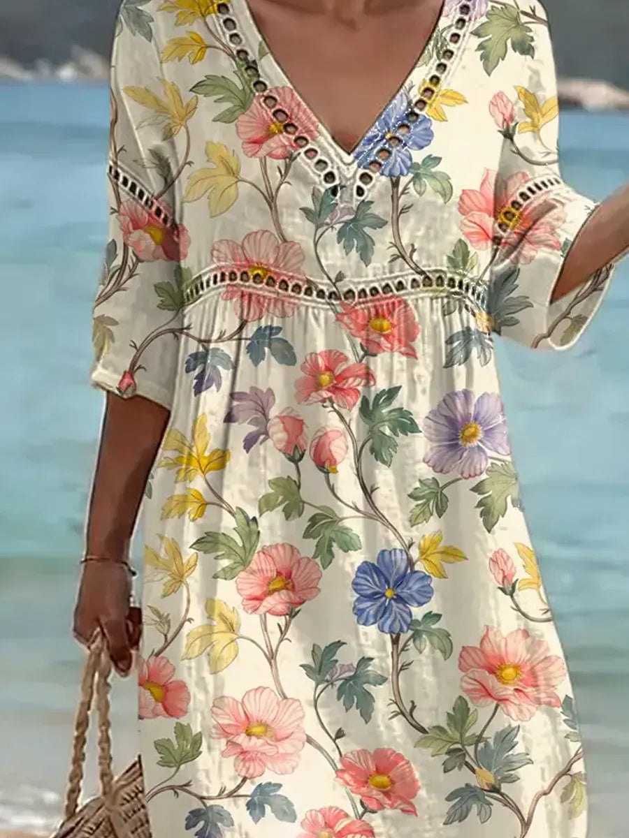 Robe midi femme coton-lin à imprimé floral et col V