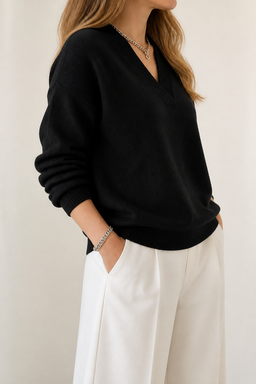 Elisa | Pull en maille côtelée moderne et léger avec décolleté en V