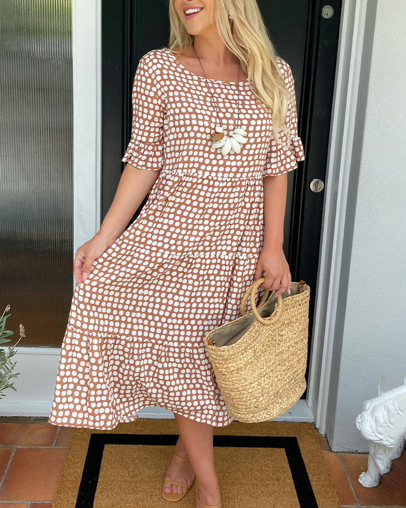 Robe midi à imprimé pois avec col rond