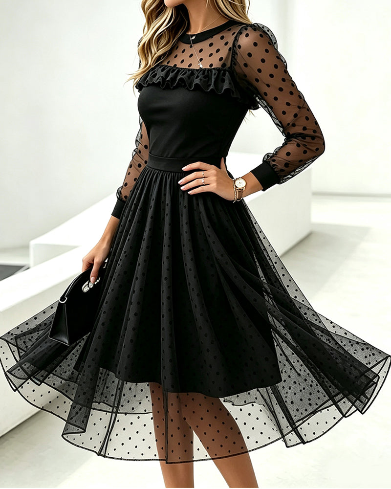 Robe Col Rond Dentelle À Pois Panneautée