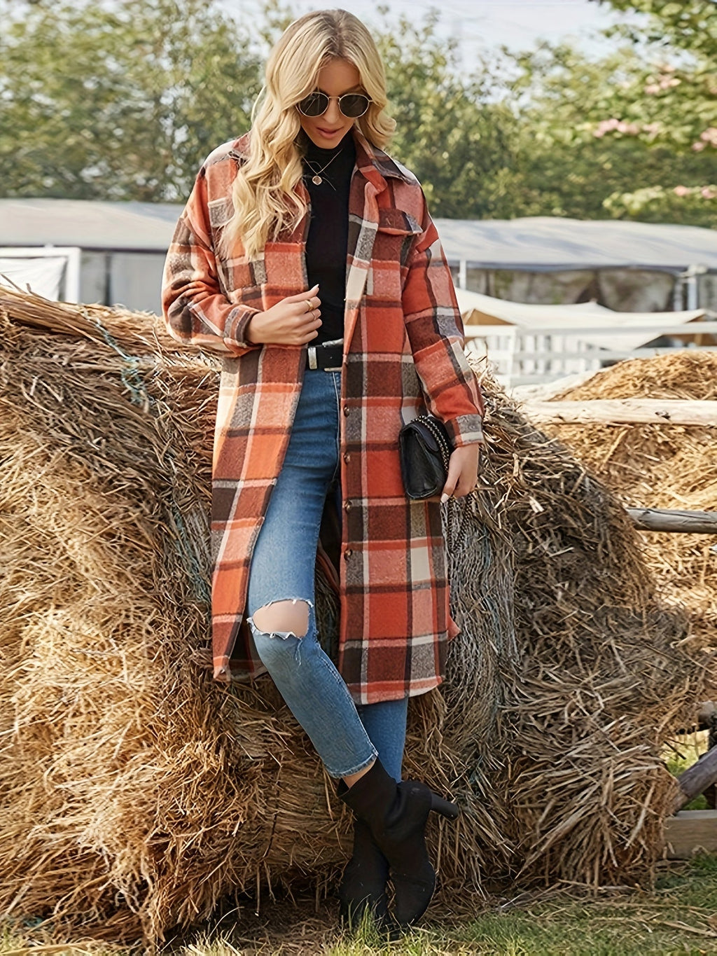 Elowen | Manteau long à carreaux pour femmes avec boutons