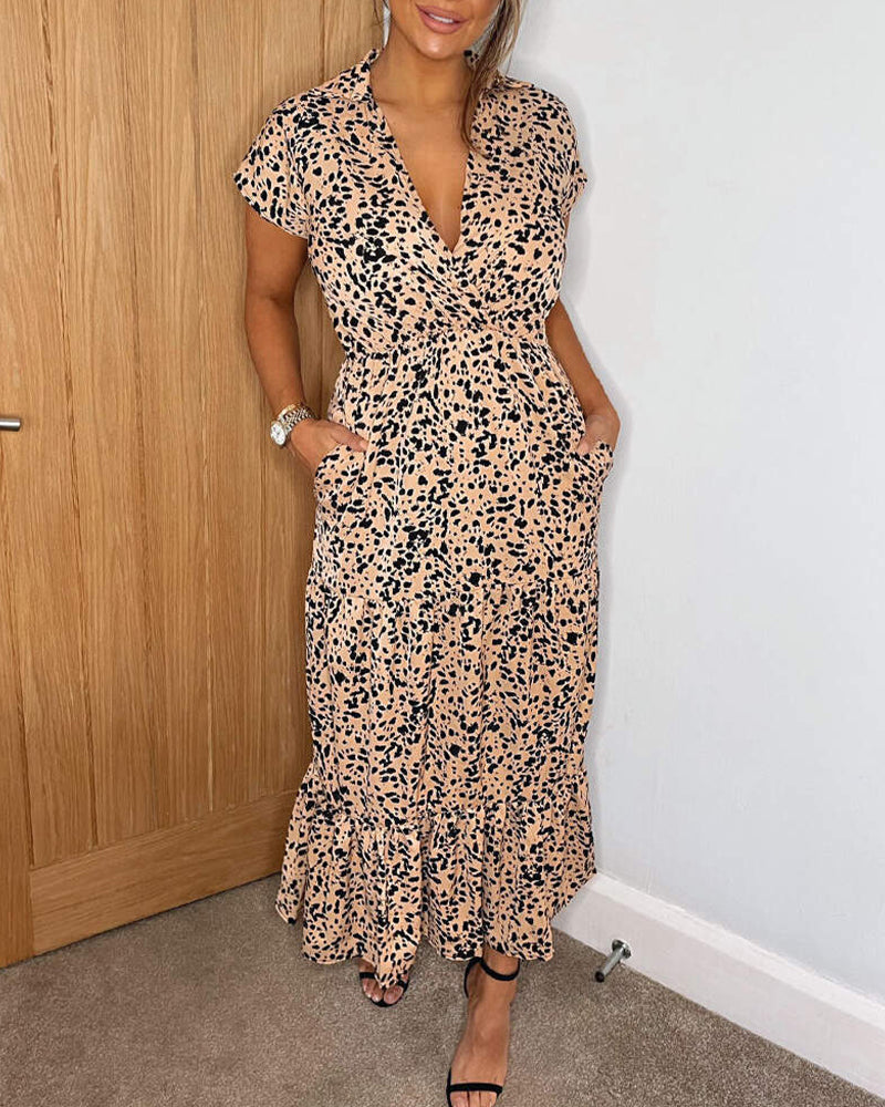 Robe Col V Imprimé Léopard Volant Poche Taille