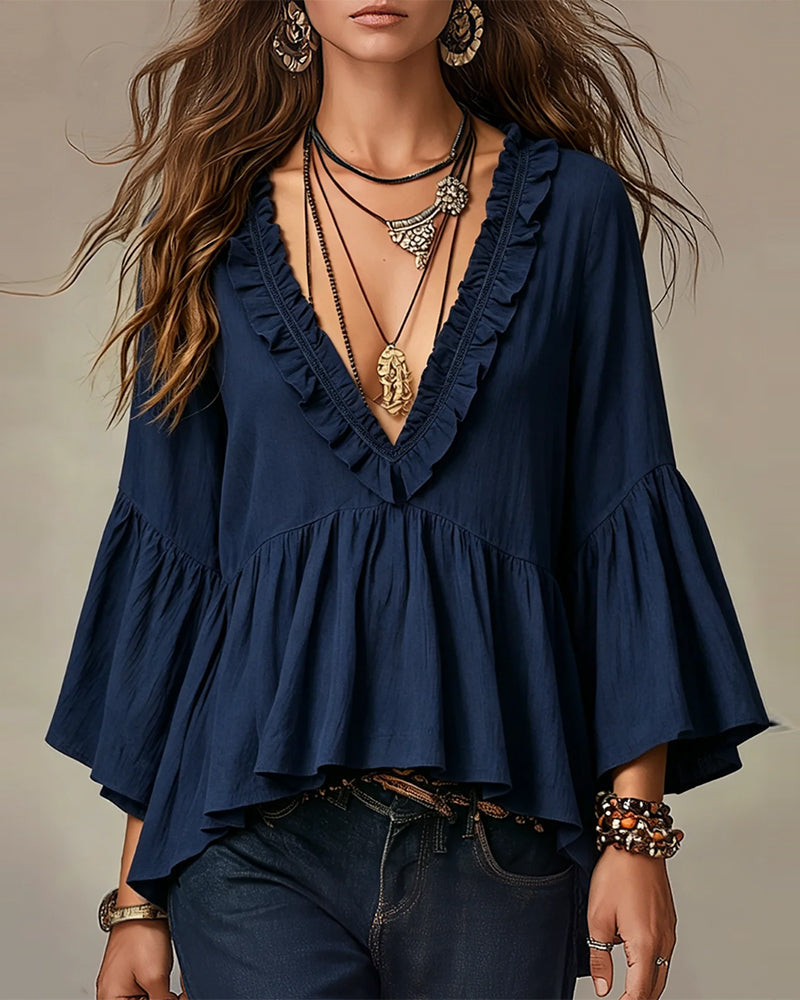 Blouse Col En V Scallop Volant Garniture