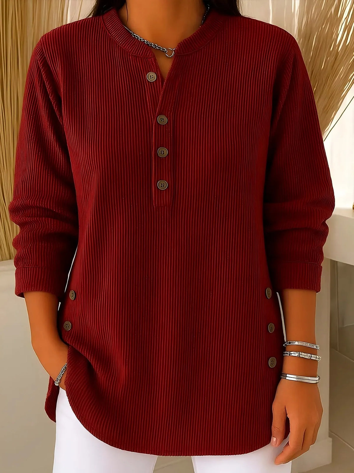 Blouse femme côtelée à boutons décoratifs
