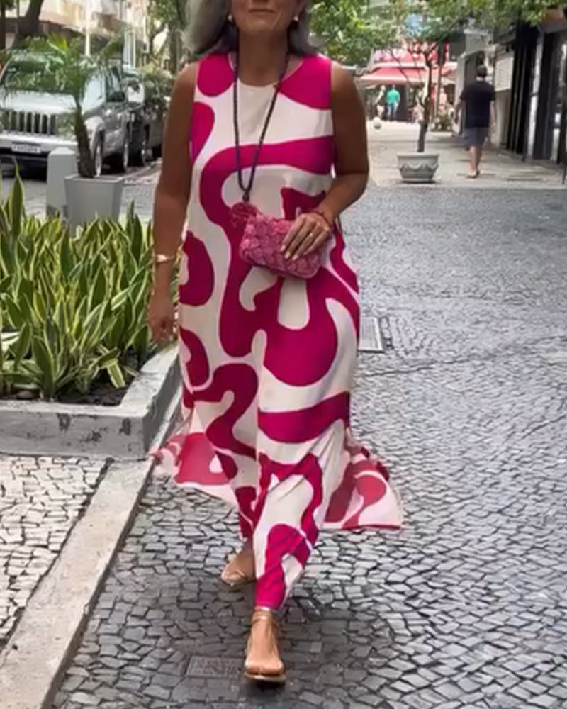 Robe sans manches à imprimé géométrique col rond