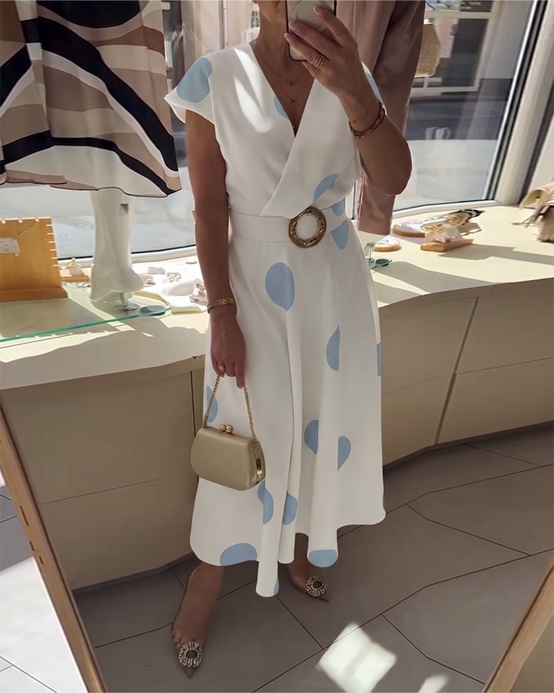 Robe Cintrée à Pois avec Décolleté en V