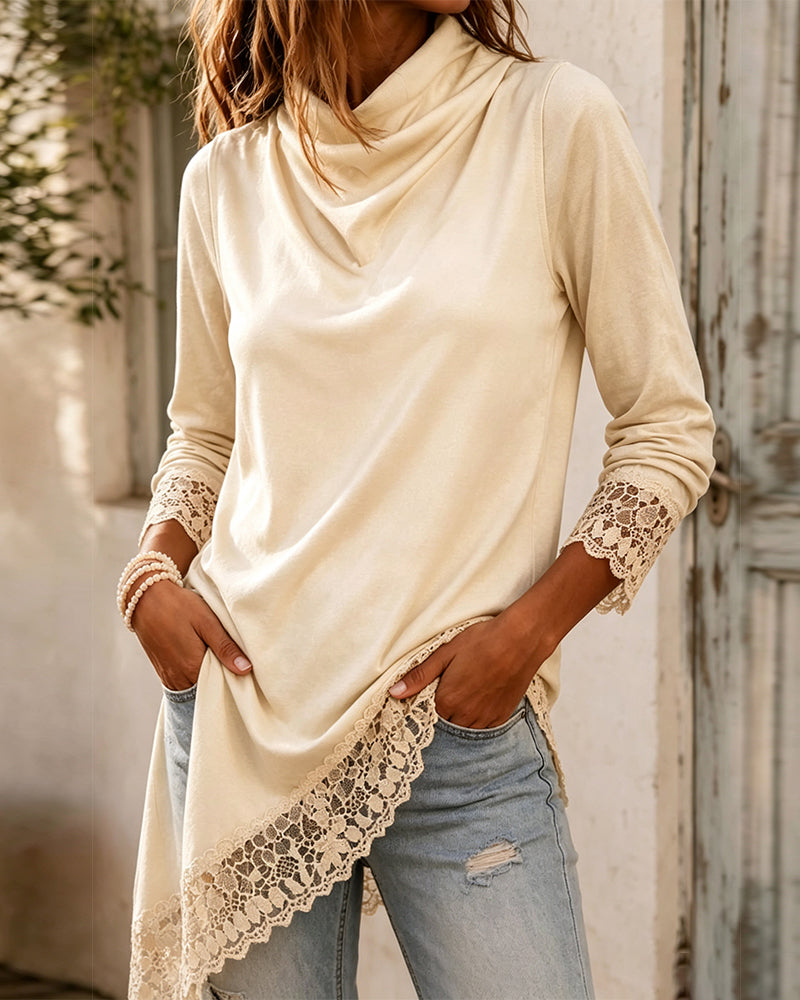 Haut Col Mock Dentelle Patchwork Irrégulier