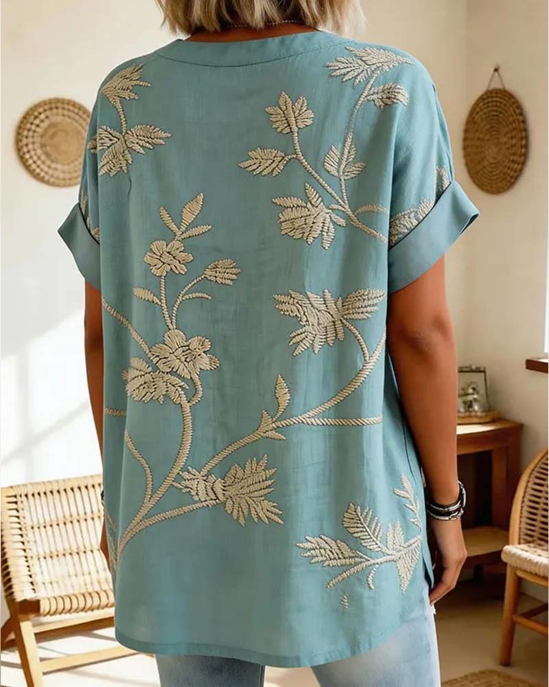 Blouse Col-V Imprimée Manches Courtes
