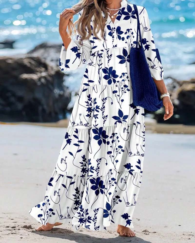 Robe Col En V Fleurie Volant Superposée
