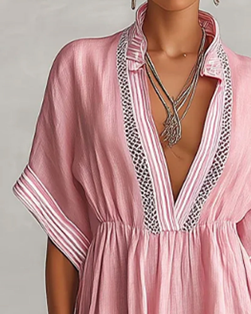 Robe Col En V Froncée Rayée Lâche