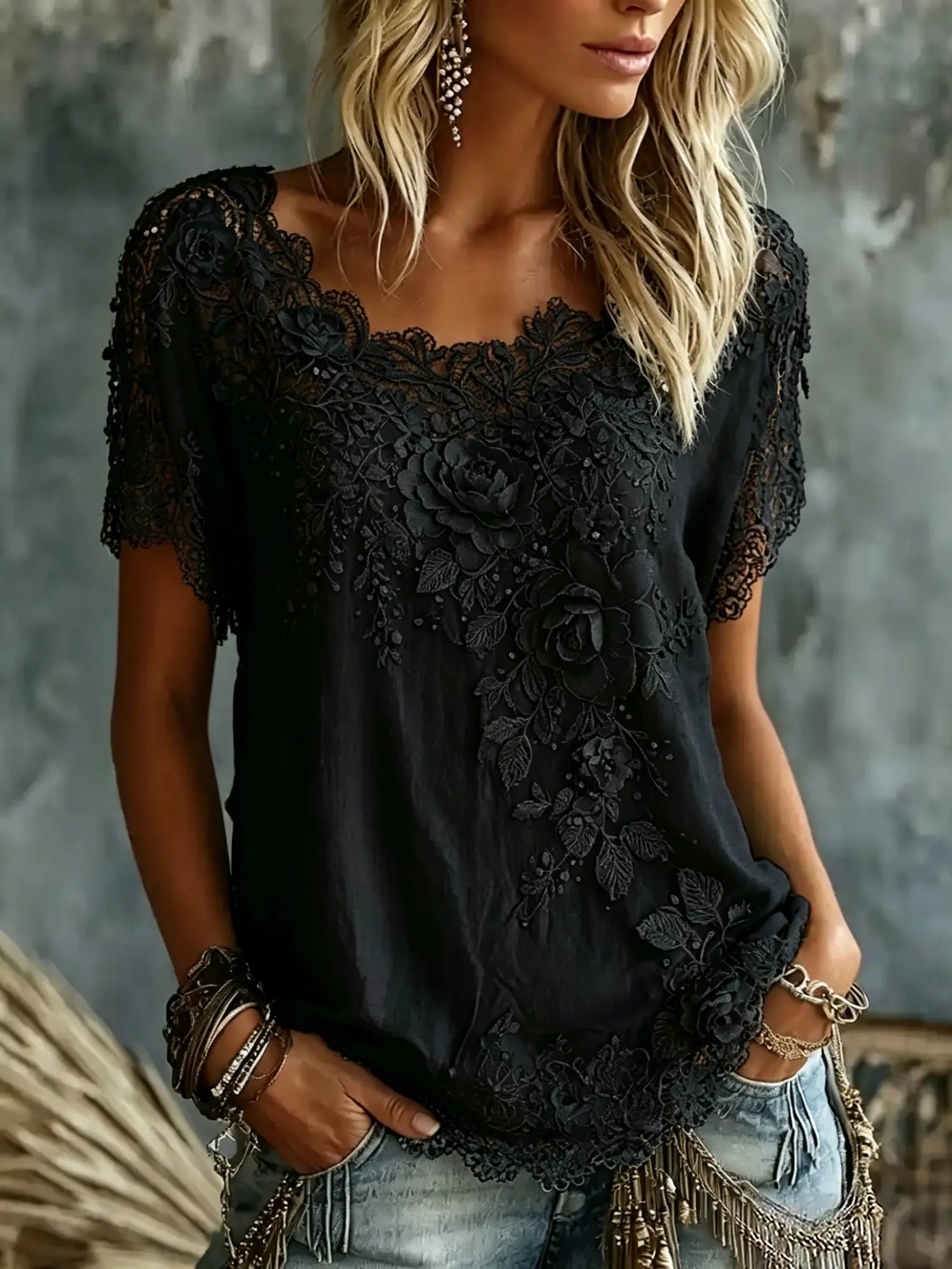 Daevea | Blouse vintage avec broderie florale en dentelle