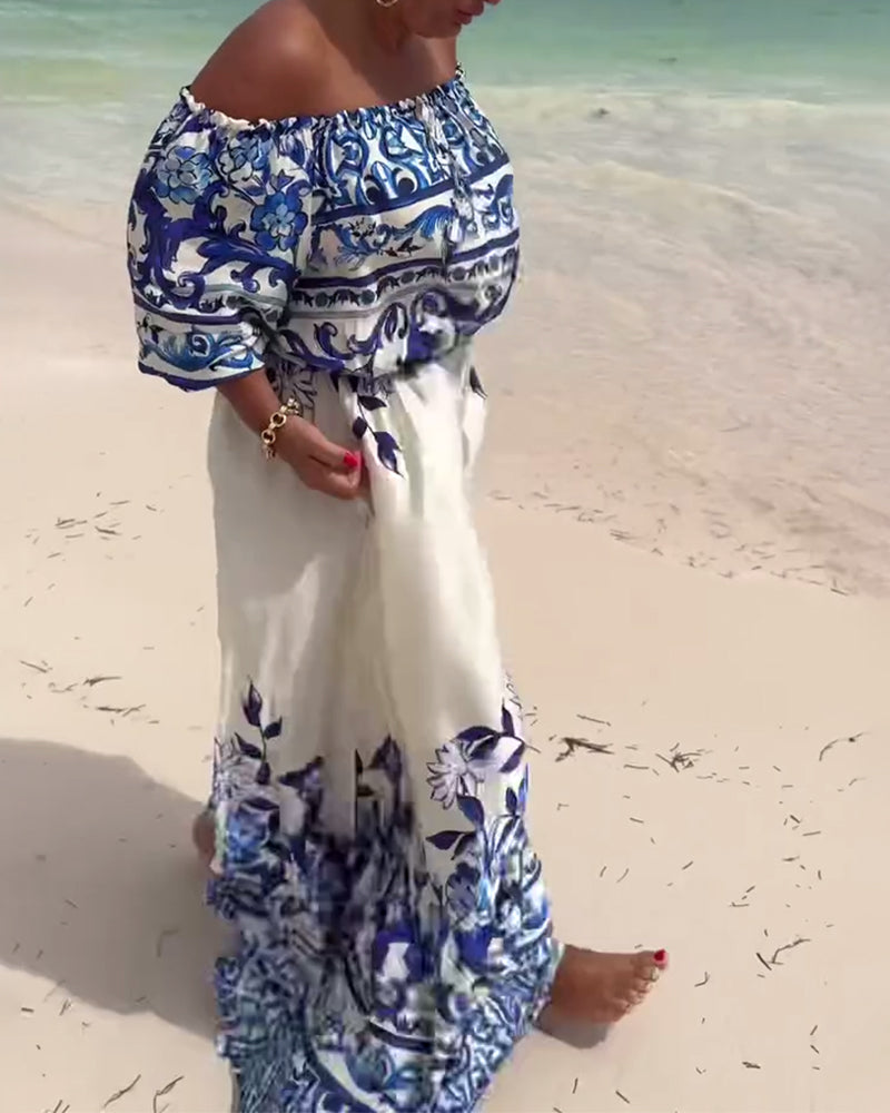 Robe de Resort Imprimée à Épaules Dénudées