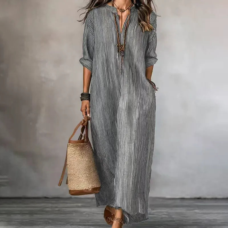 Robe maxi femme rayée avec col V et manches longues