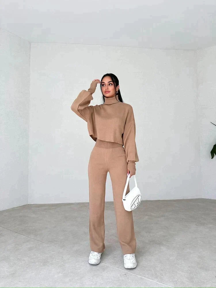 Ensemble Femme Deux Pièces Pull Col Montant Oversize Pantalon Droit