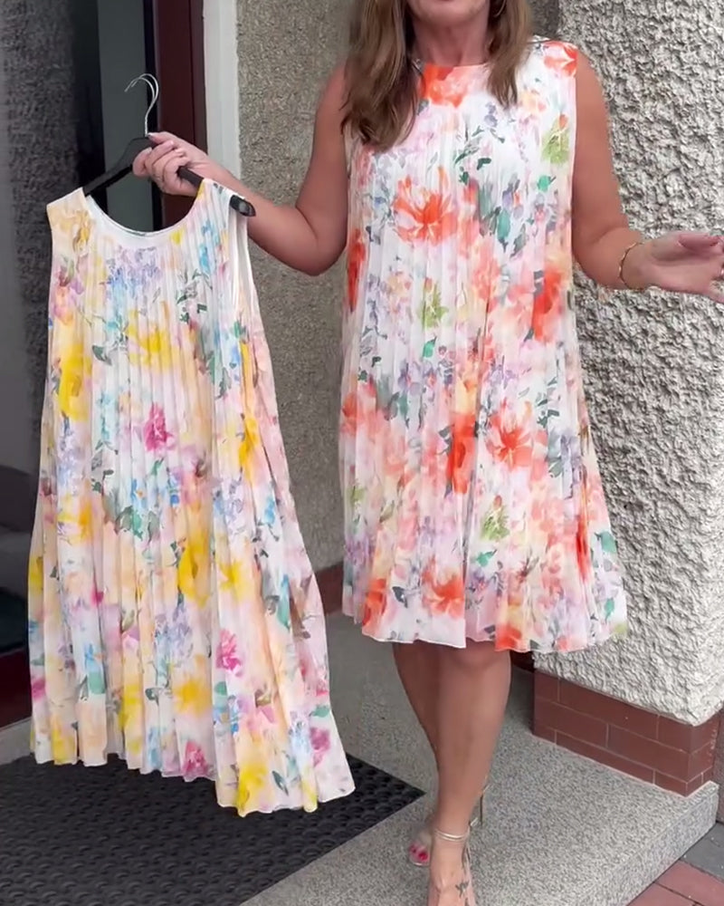 Robe Fleurie Plissée Sans Manches