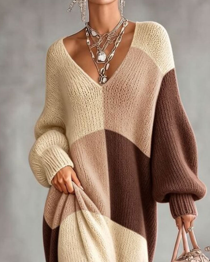 Robe Longue en Tricot à Col V à Motif Carreaux