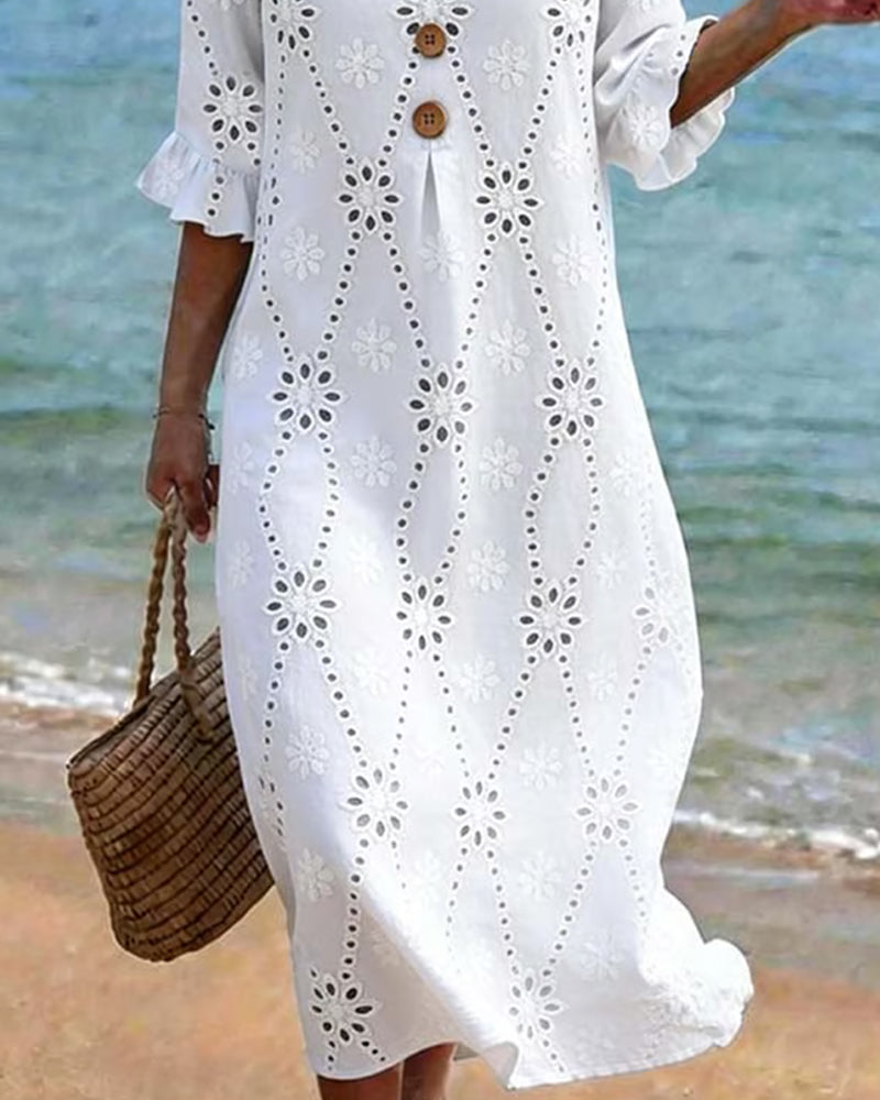 Robe Petit Col En V Évidé Bouton Volant