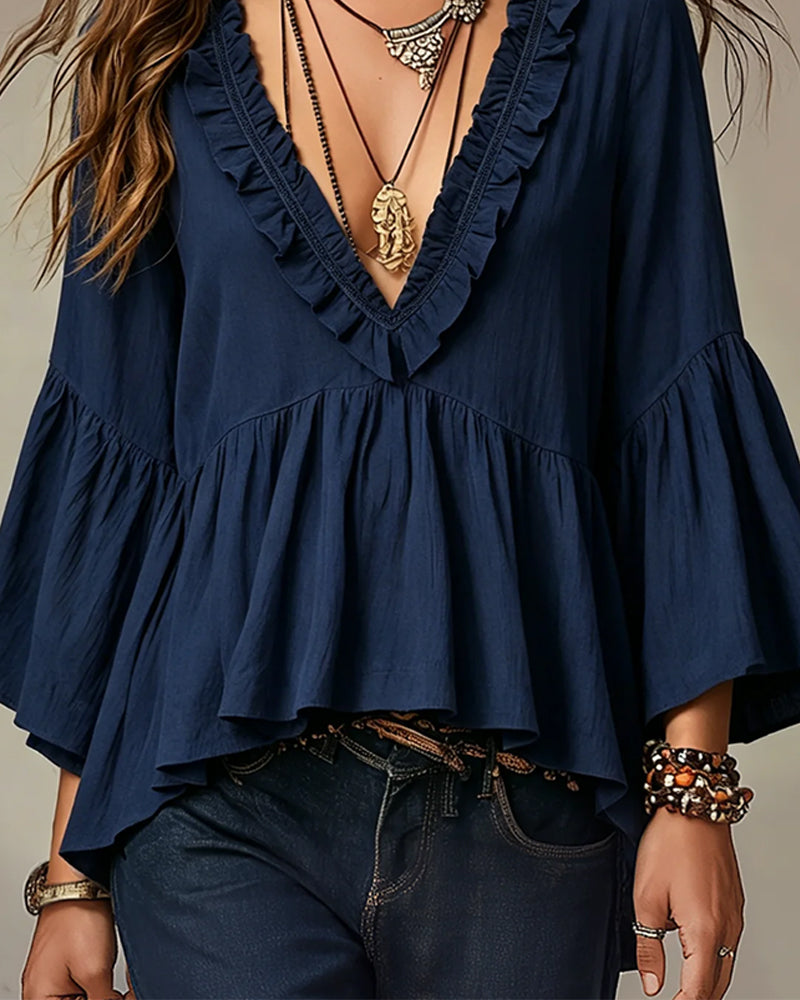 Blouse Col En V Scallop Volant Garniture