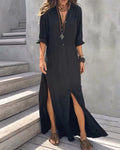 Robe Col Chemise Boutonnage Fente Latérale Unie