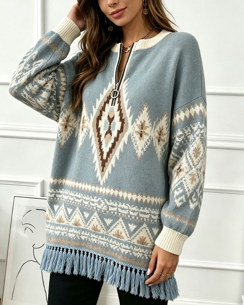 Pull Géométrique Jacquard Demi-Zip Bord Frangé