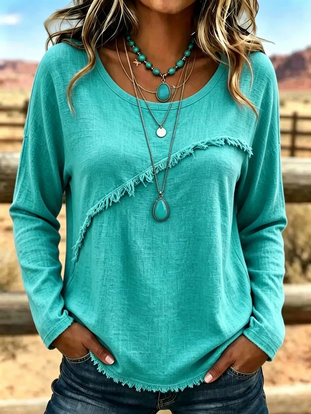 Blouse femme bohème à franges et col rond