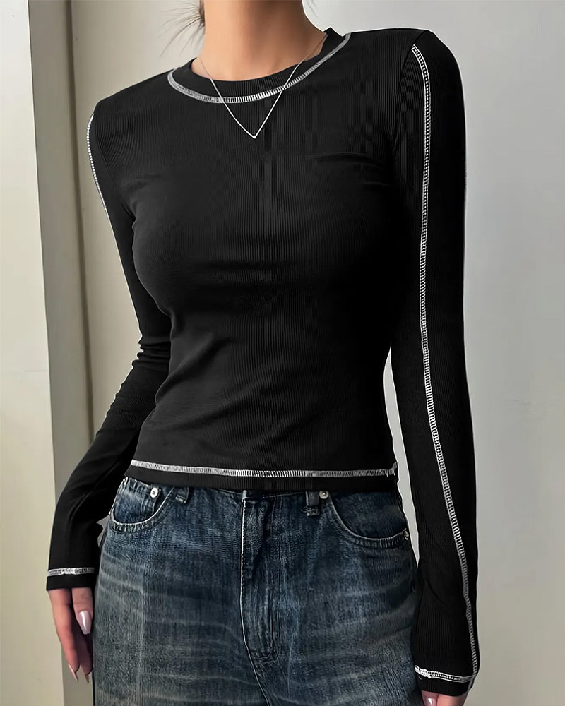 Haut Élégant Col Rond Slim Fit Manches Longues