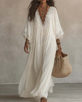 Robe Col V Dentelle Patchwork Unie