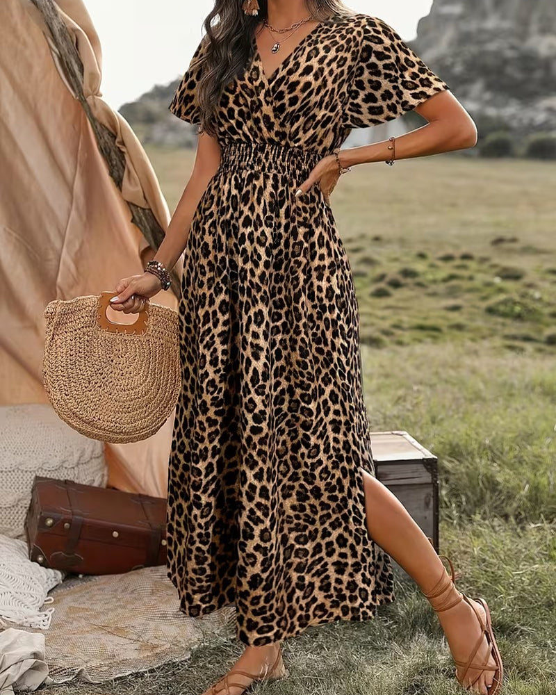 Robe Léopard Col V Taille Élastique Ligne A