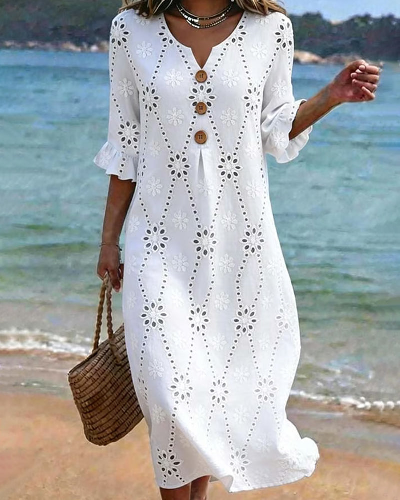 Robe Petit Col En V Évidé Bouton Volant